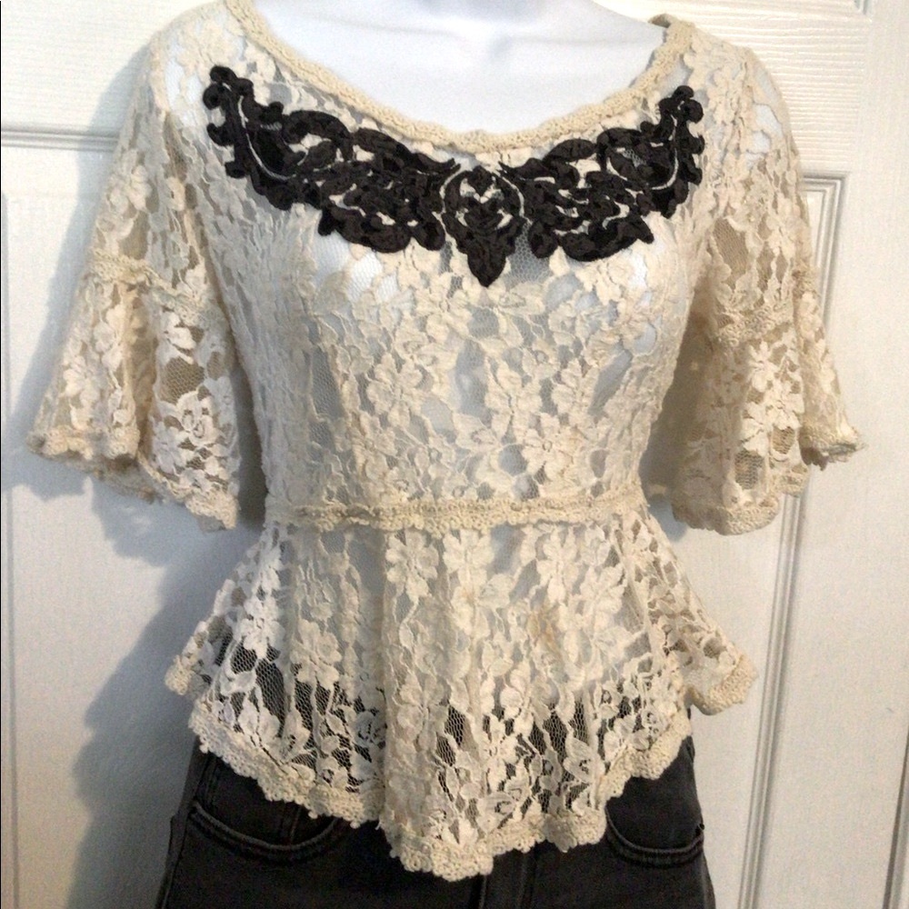 Free people creme and black lace blouse